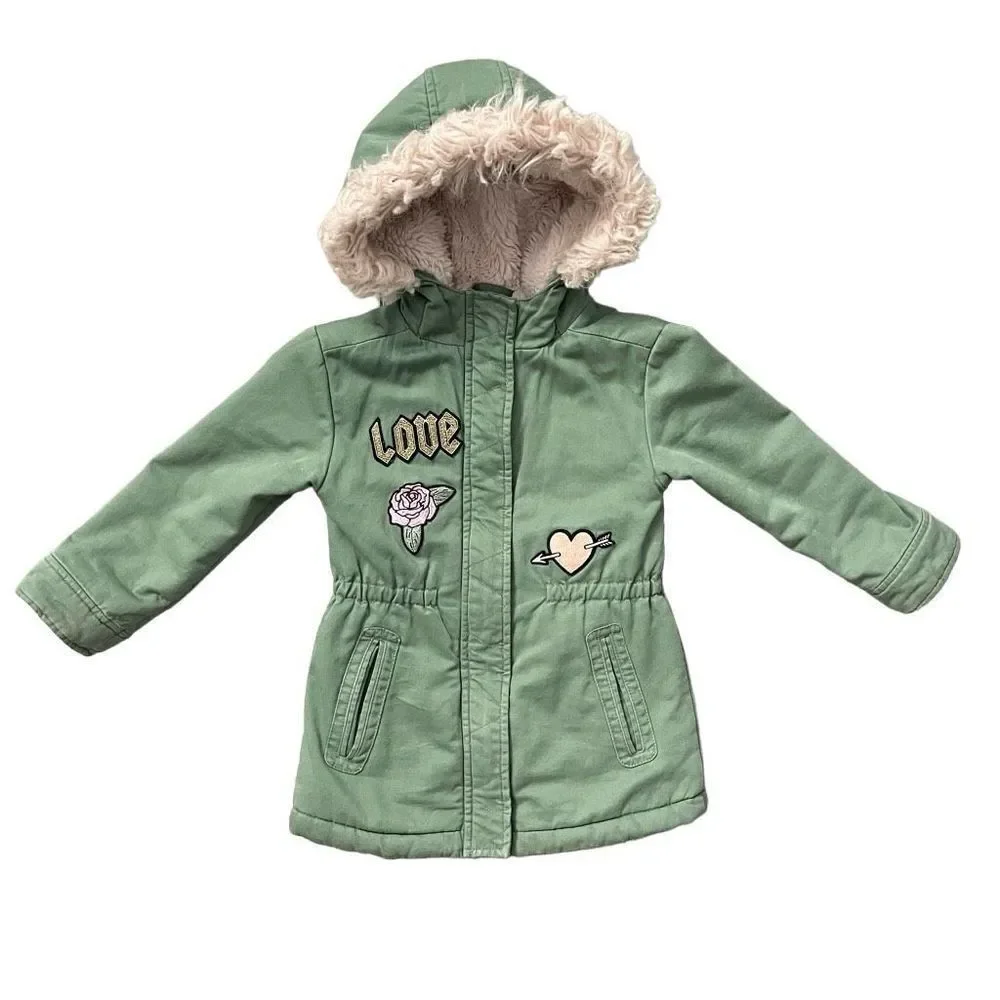 The Children’s Place Girl’s Green Faux Fur Lined Hooded Full Zip Parka Coat XS 4